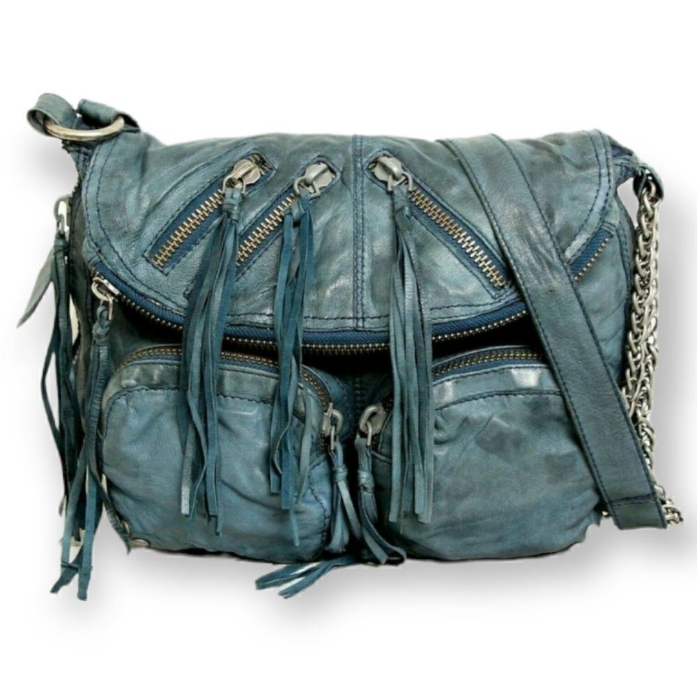 TARNISH BLUE GENUINE LEATHER TASSEL CHAIN EXPAND CROSSBODY SHOULDER BAG HANDBAG